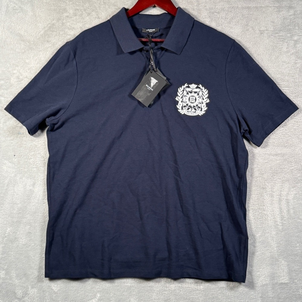 Balmain Polo Shirt Mens XL Navy Blue Emblem Cotton Logo Crest Ecusson